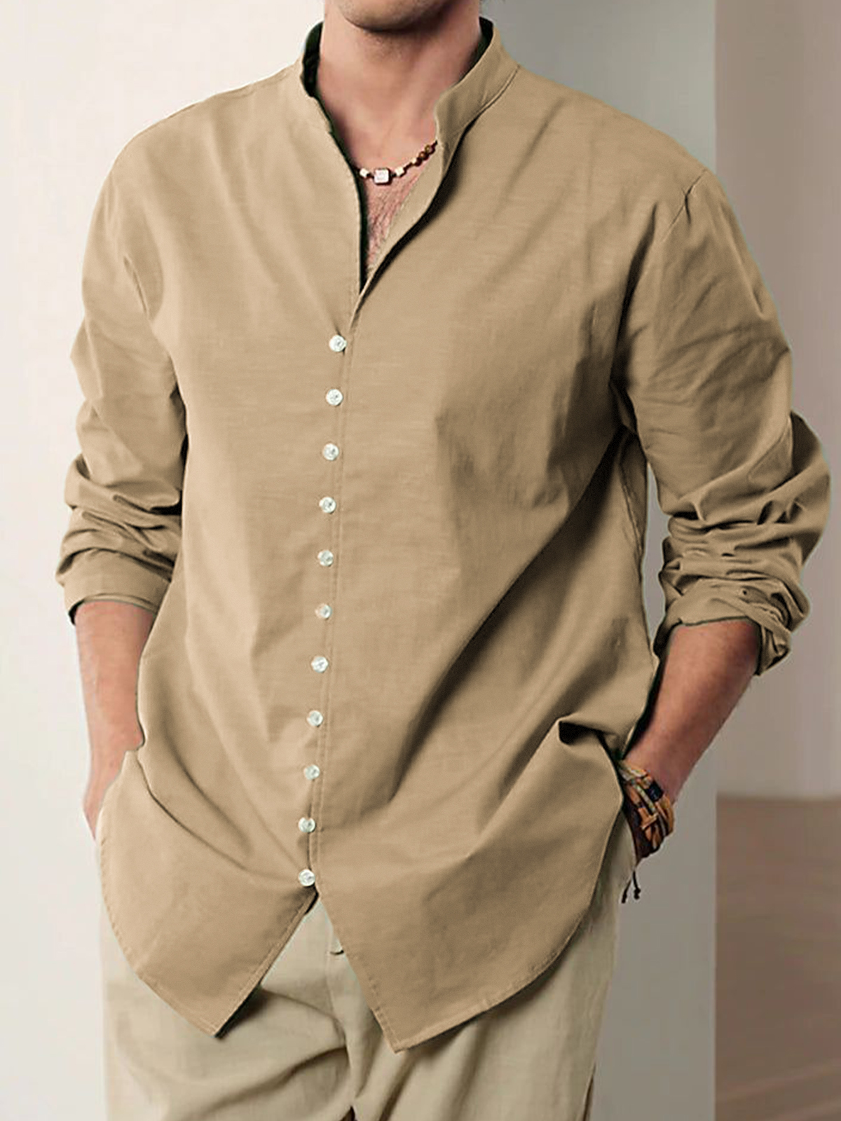 Men's Vintage Multi-Button Cotton Vacation Casual Loose Stand Collar Long Sleeve Shirt-retrostrom