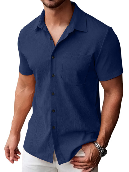 Men's Casual Pleated Solid Pocket Short Sleeve Shirt-retrostrom