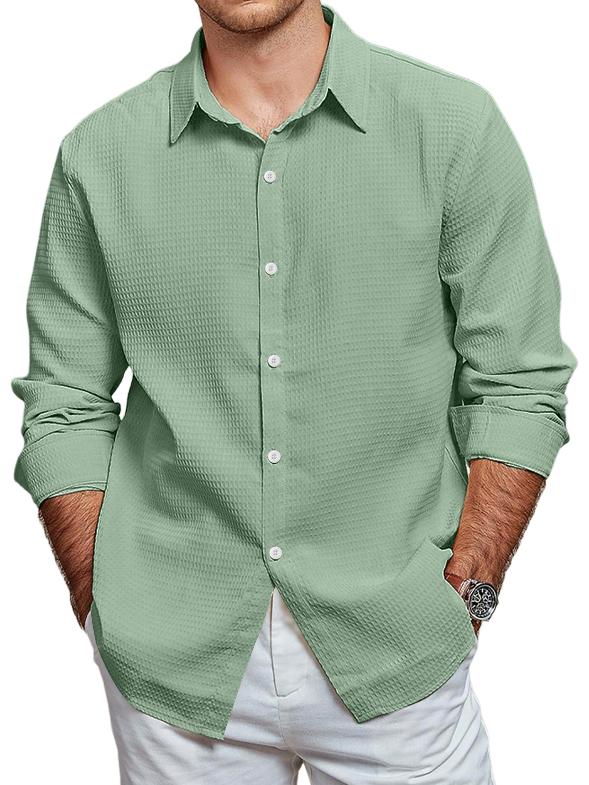 Men's Casual Waffle Solid Color Long Sleeve Shirt-retrostrom