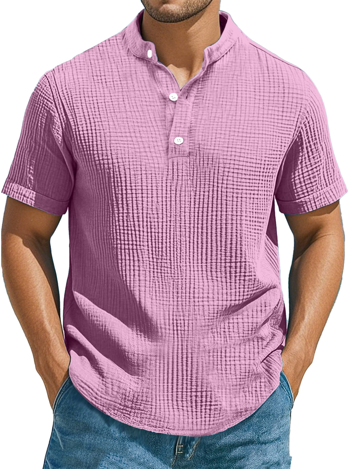 Men's Casual Solid Color Pleated Texture Short-sleeved Stand Collar Henley Shirt-retrostrom