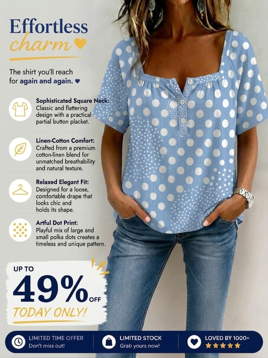Fashion Square-Neck Polka Dot Print Cotton-Linen Shirt-retrostrom