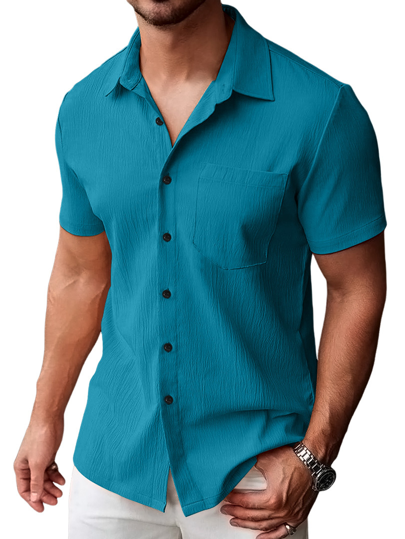 Men's Casual Pleated Solid Pocket Short Sleeve Shirt-retrostrom
