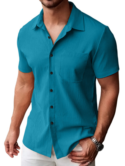 Men's Casual Pleated Solid Pocket Short Sleeve Shirt-retrostrom