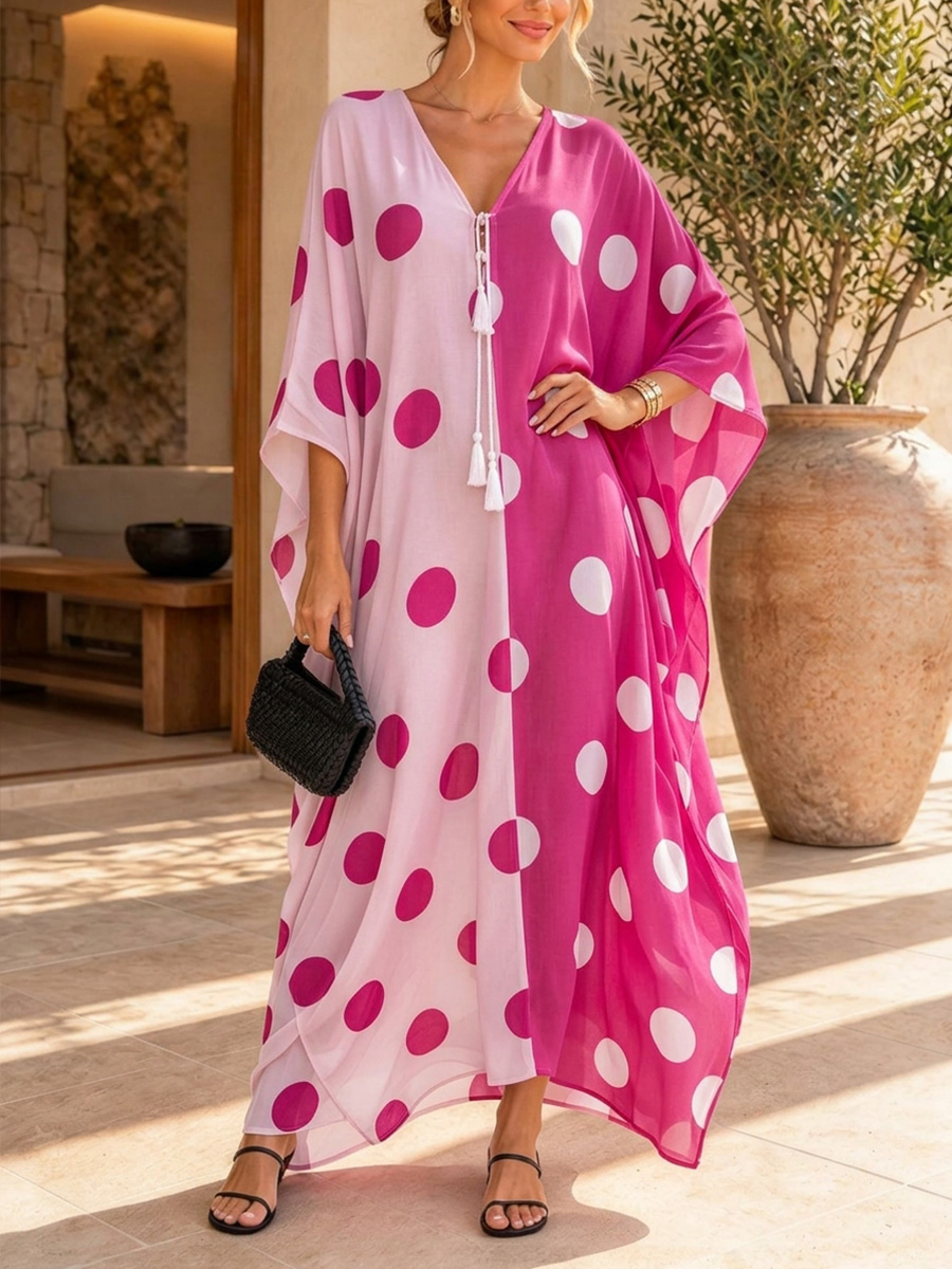 Black White Contrast Polka Dot Kaftan Maxi Dress