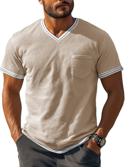 Men's Fashion Retro Patchwork Textured Fabric V-neck Short-sleeved T-shirt-retrostrom