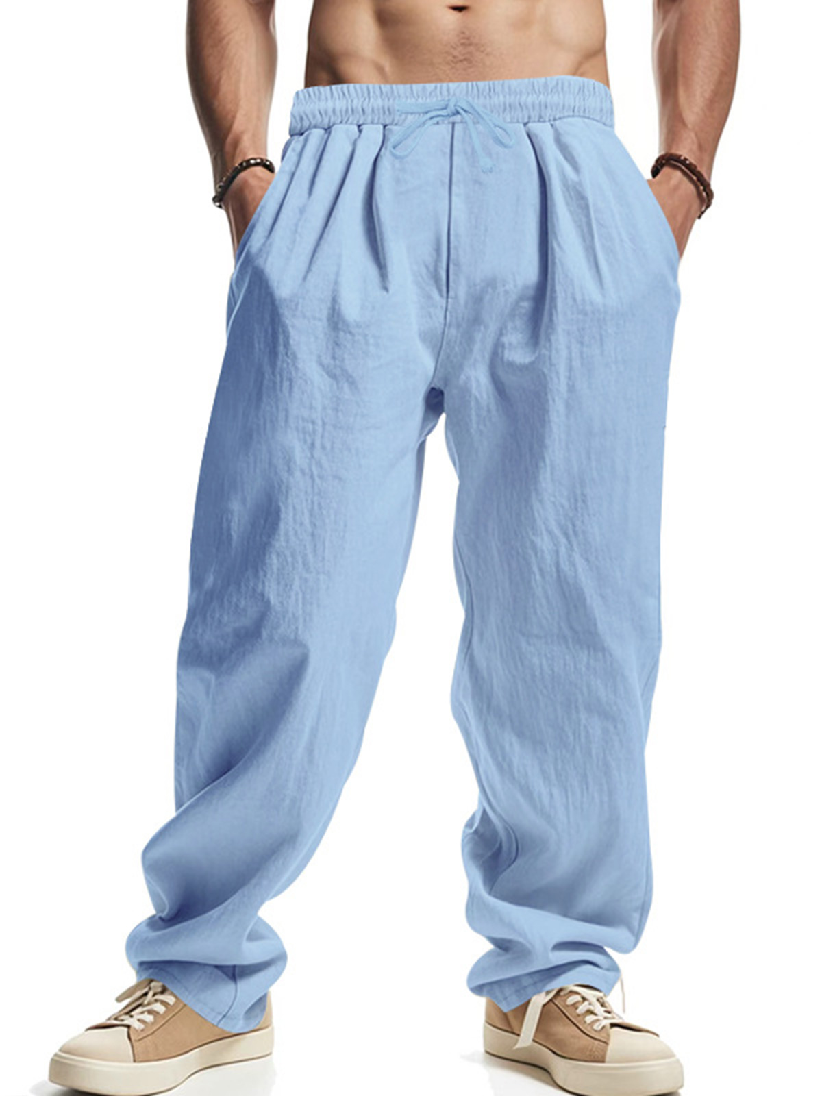 Men's Daily Casual Loose Linen Drawstring Solid Color Trousers-retrostrom