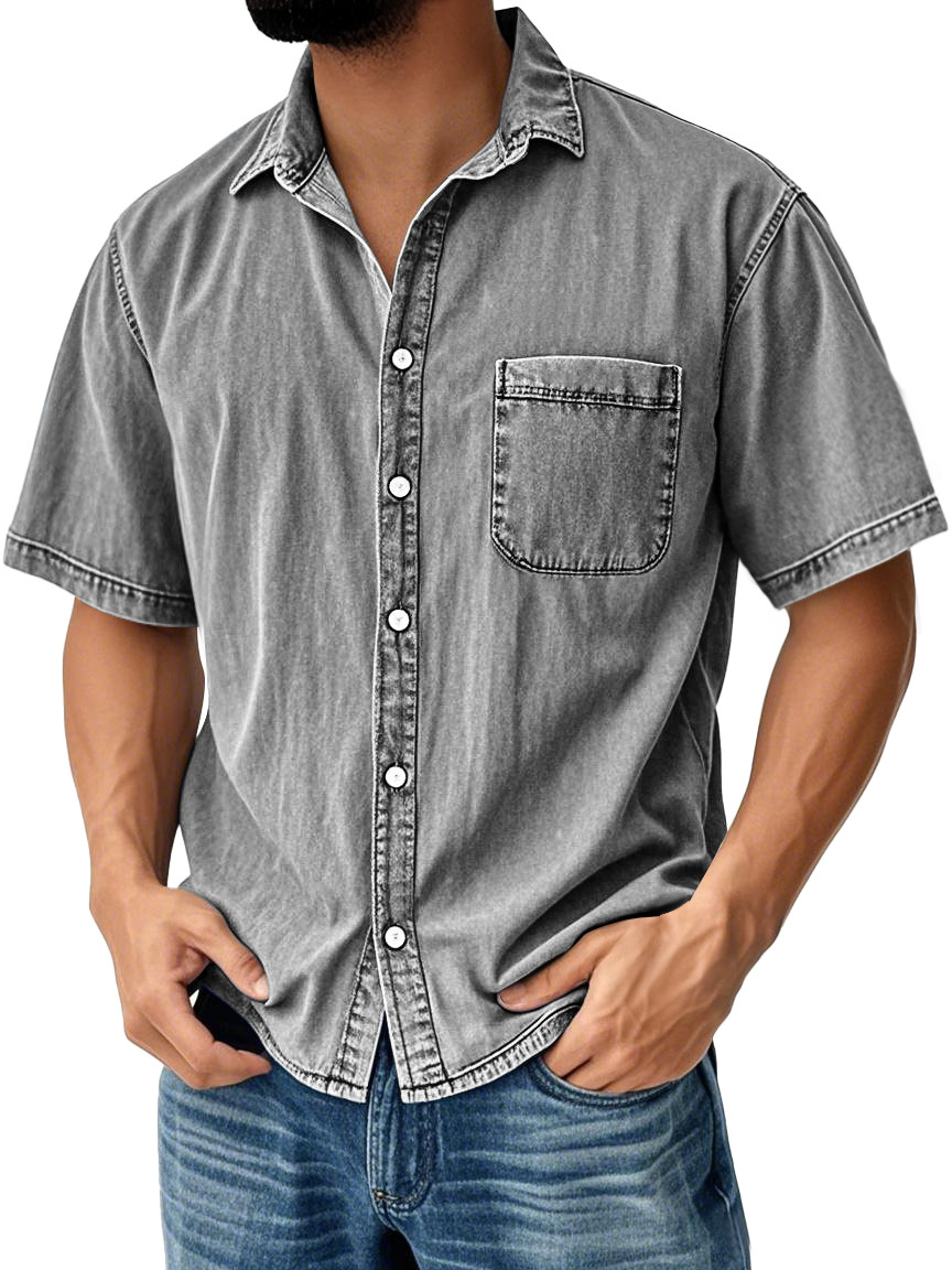 Men's Retro Casual Lapel Pocket Solid Color Short Sleeve Shirt-retrostrom