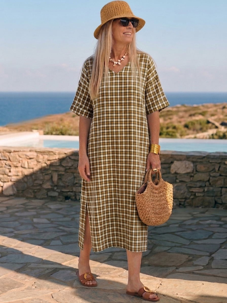 Vintage Checkered Print V-Neck Dress-retrostrom