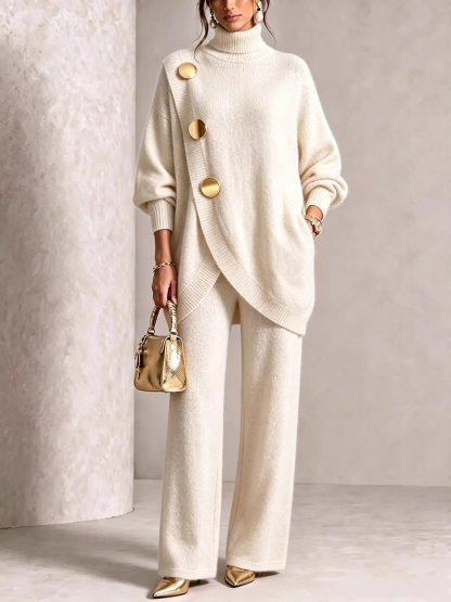 ⏰ LAST DAY SAVE 49% 💥 Gold-Button Asymmetric Knit Lounge Set-retrostrom