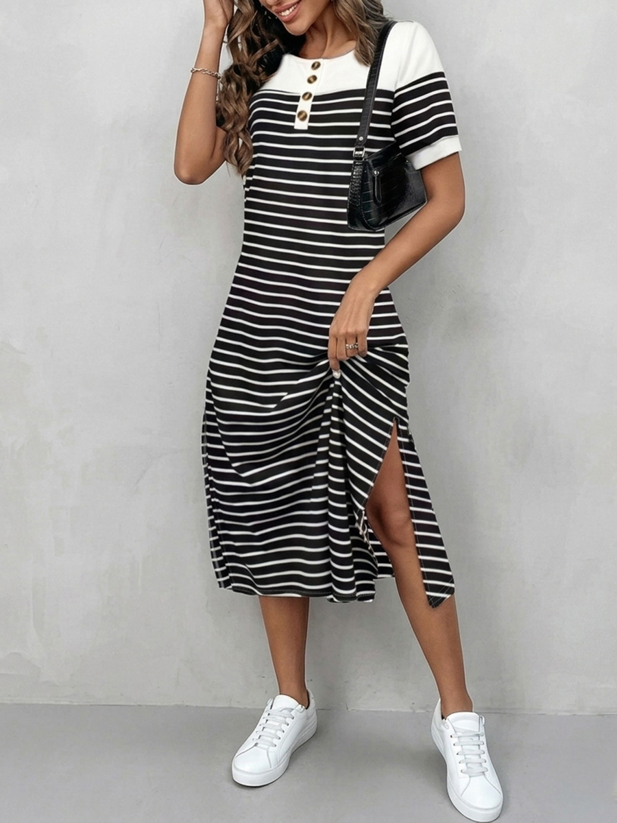 Cozy Round Neck Striped Cotton Shirt Dress-retrostrom