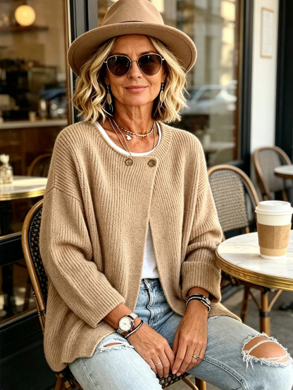 Women's Cozy Ribbed Knit Cardigan with Button Accents
