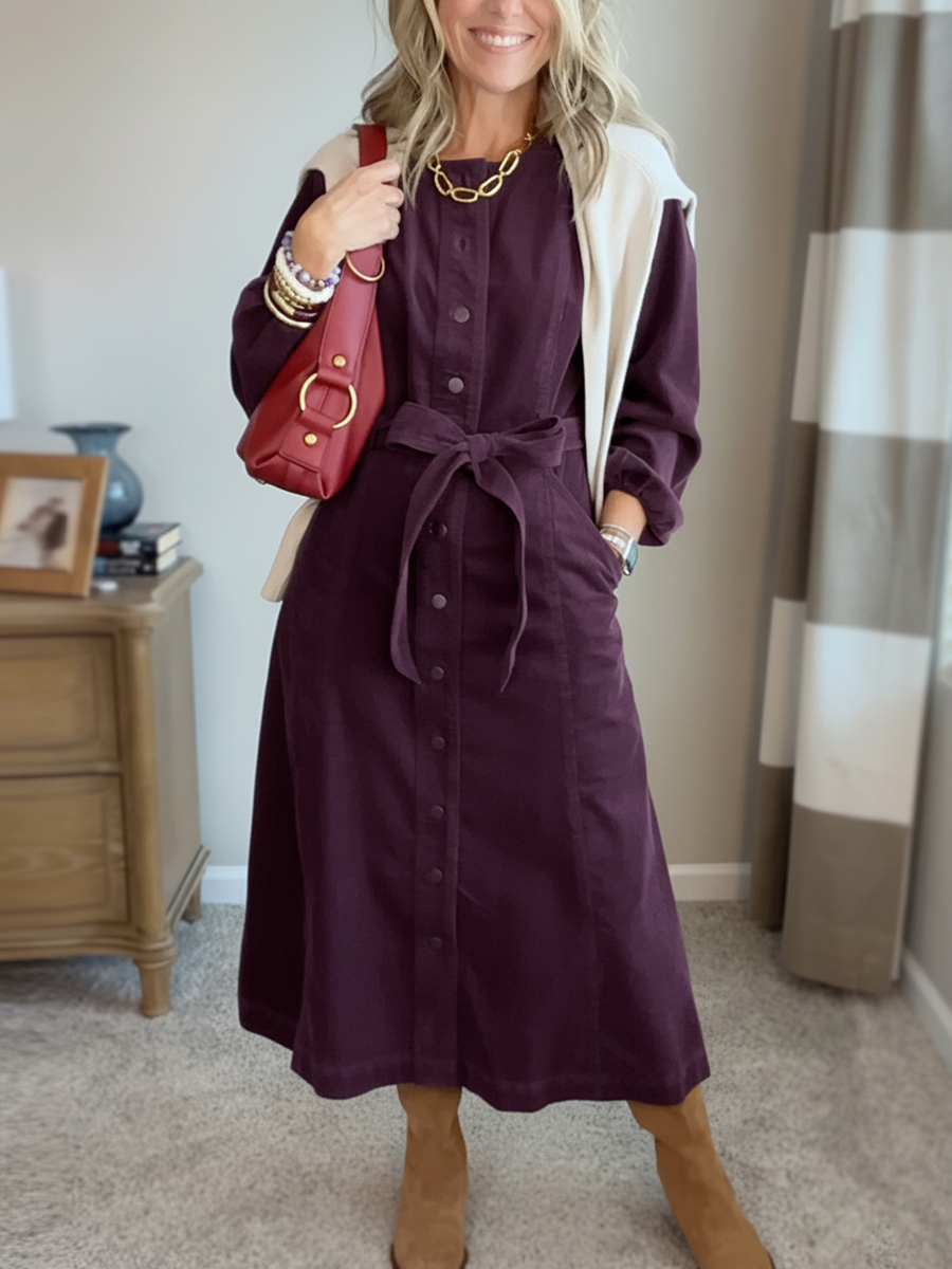 New Arrival🔥 Corduroy Shirt Dress with Tie Belt-retrostrom