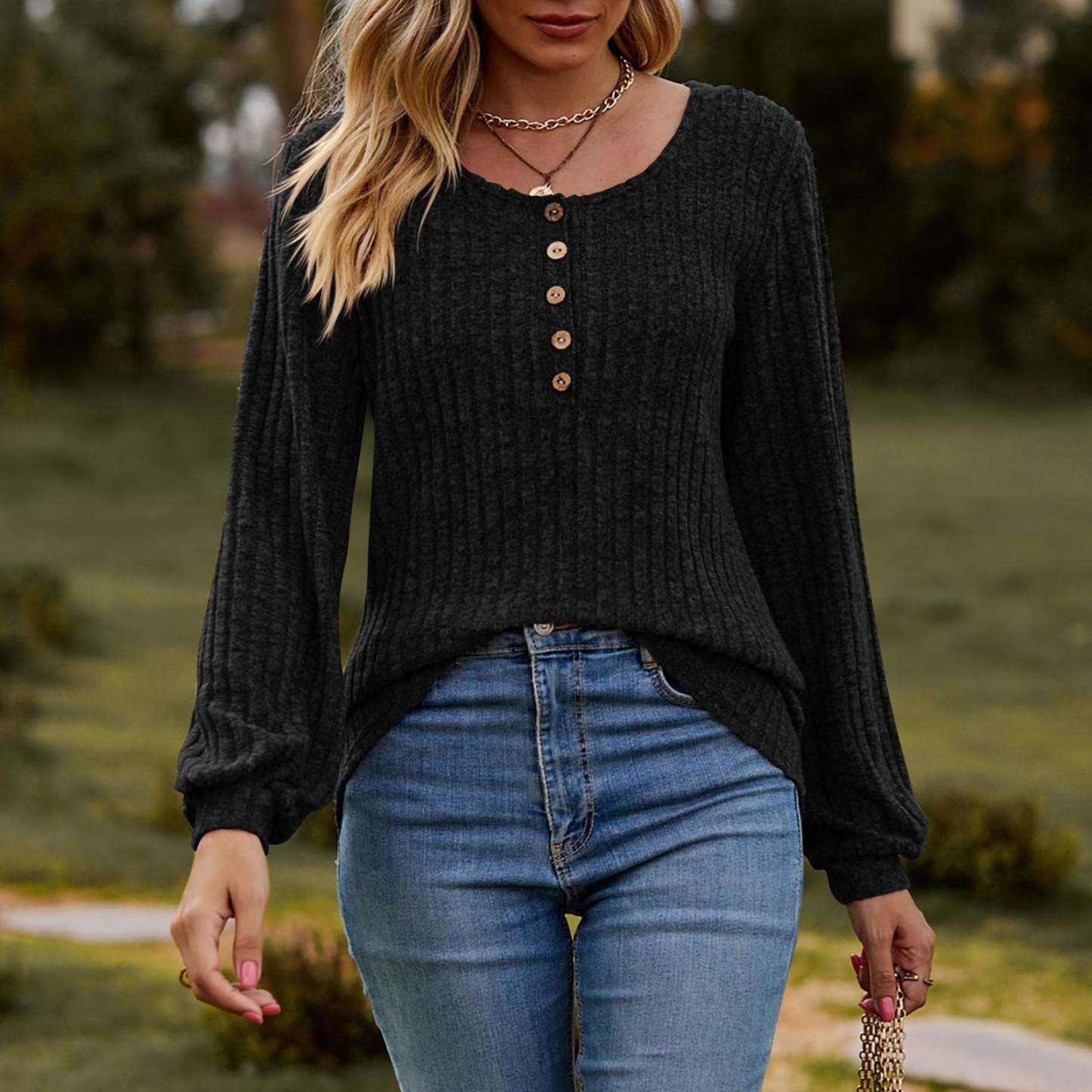 Women's Fall Button Scoop Neck Puff Long Sleeve Henley Shirts-retrostrom