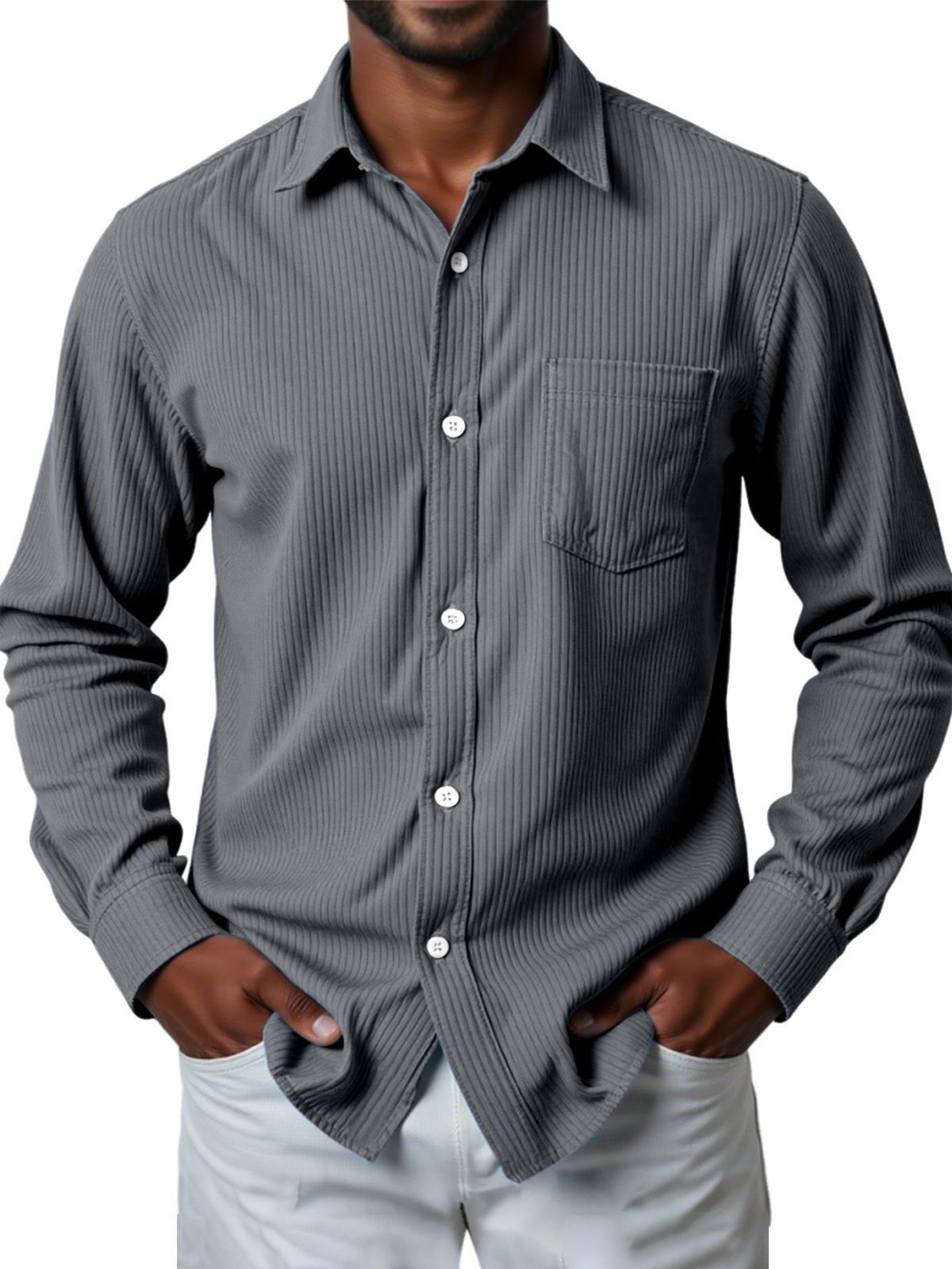 Men's Casual Solid Color Pit Striped Long-sleeved Shirt-retrostrom
