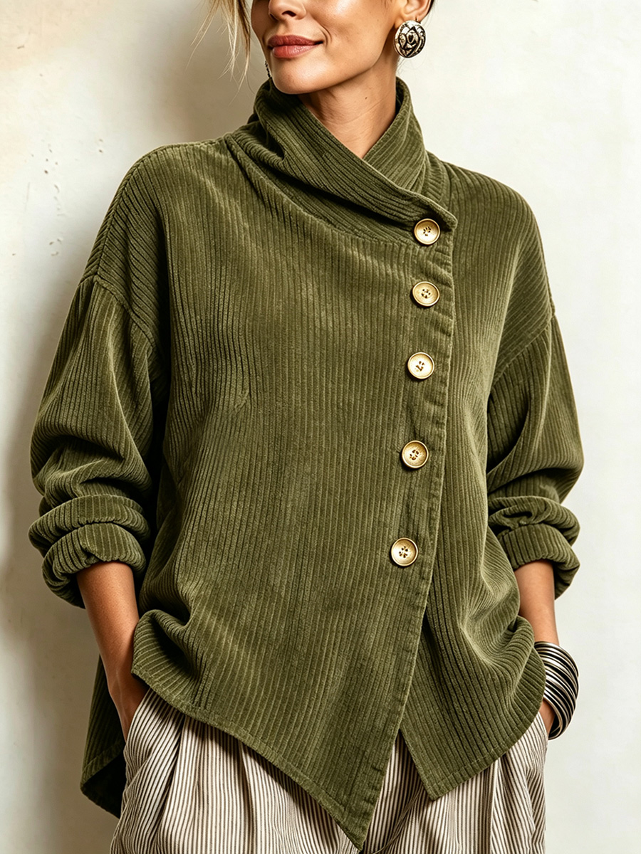 New Arrivals🔥 Chic High Funnel Neck Asymmetric Corduroy Top