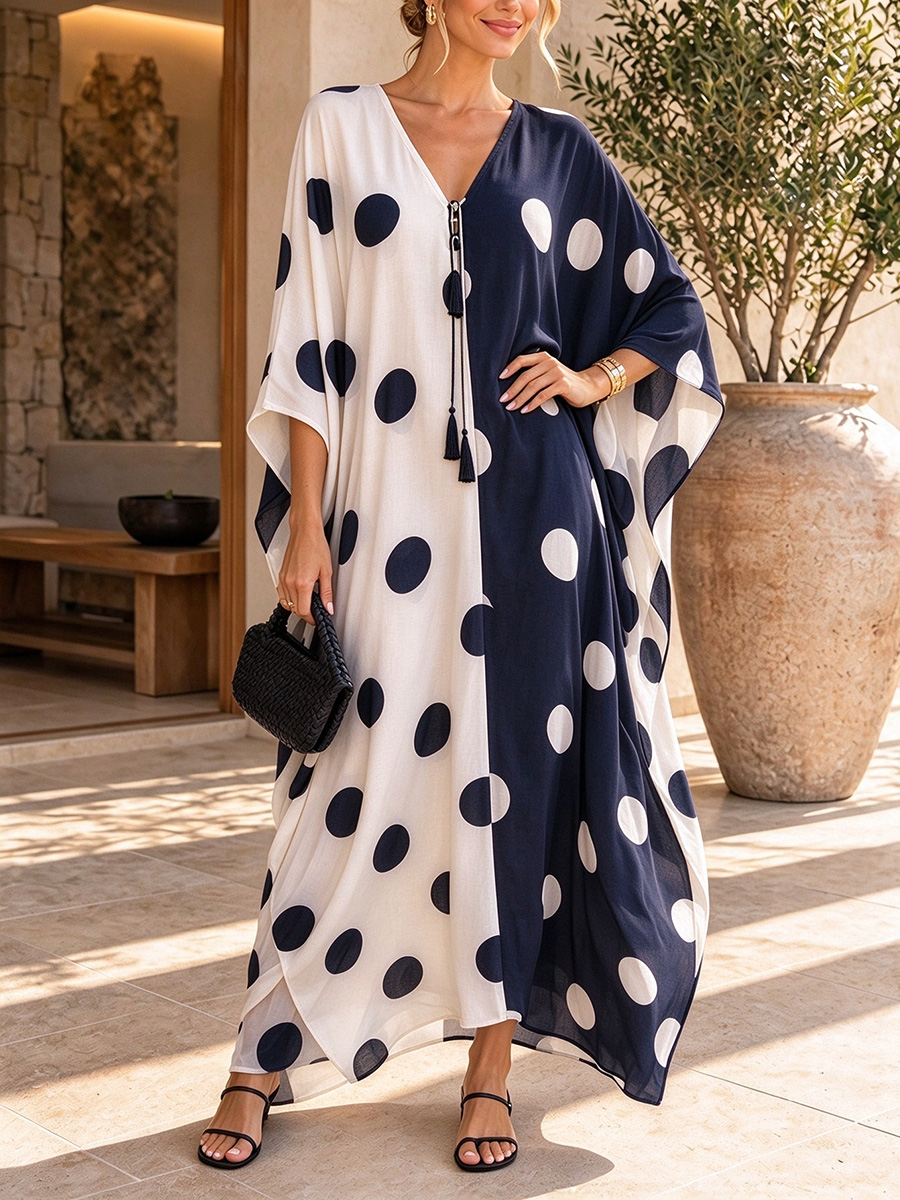 Black White Contrast Polka Dot Kaftan Maxi Dress