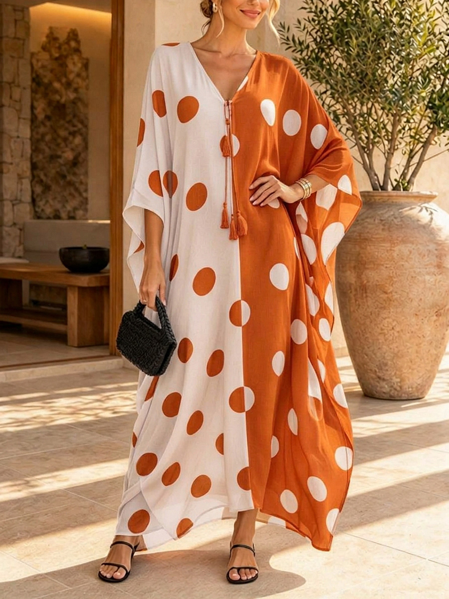 Black White Contrast Polka Dot Kaftan Maxi Dress