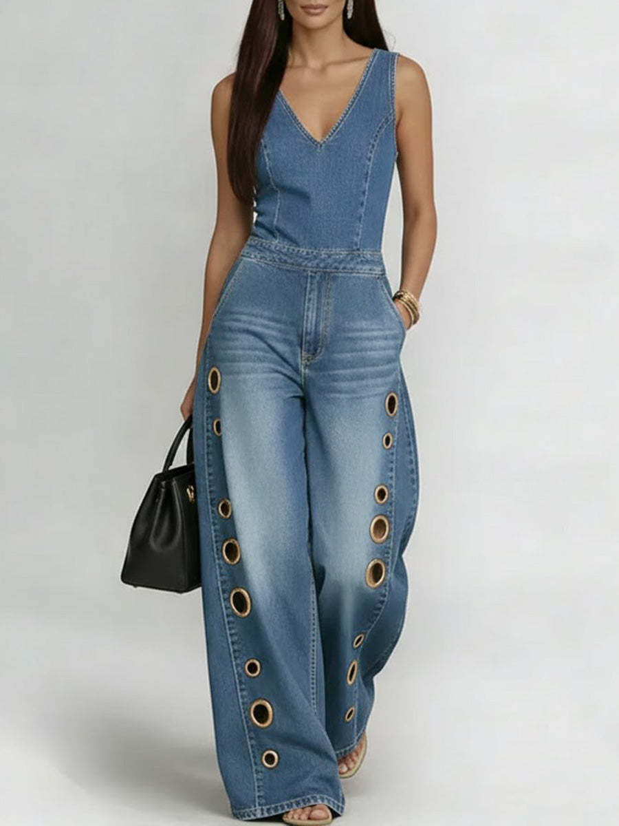 Women's V-neck Sleeveless Casual Loose Denim Wide-leg Jumpsuit-retrostrom