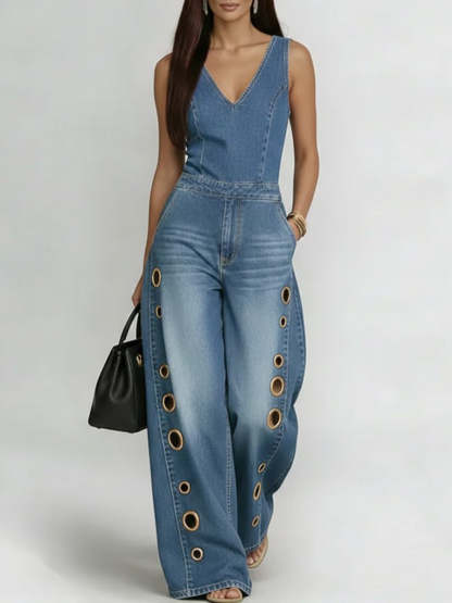 Women's V-neck Sleeveless Casual Loose Denim Wide-leg Jumpsuit-retrostrom