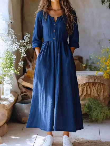 Women's Solid Color Casual Classy Cotton Linen Long Sleeve Dress