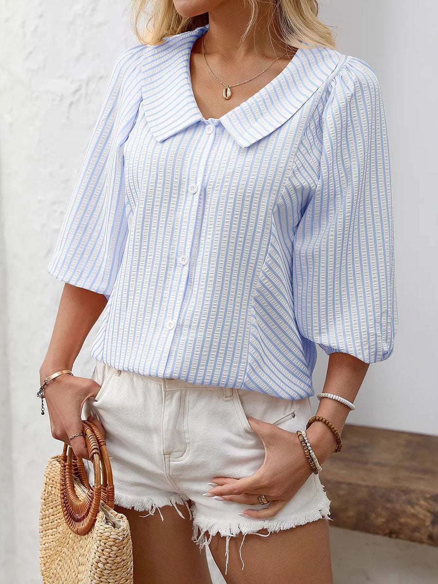 Women's Striped Puff Lapel Sleeve Shirt-retrostrom