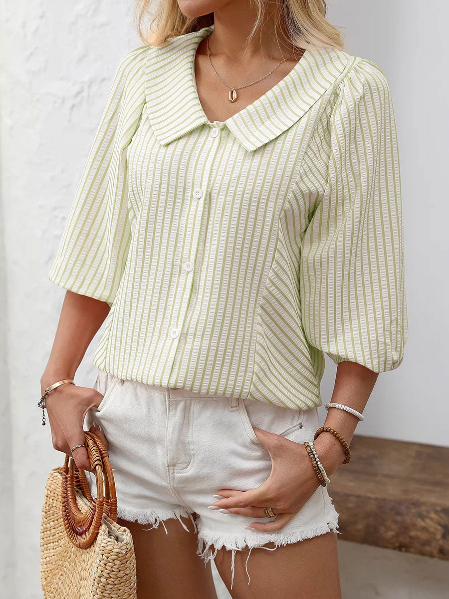 Women's Striped Puff Lapel Sleeve Shirt-retrostrom