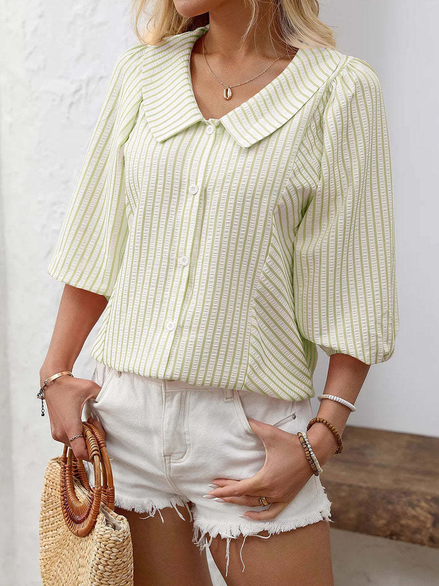 Women's Striped Puff Lapel Sleeve Shirt-retrostrom