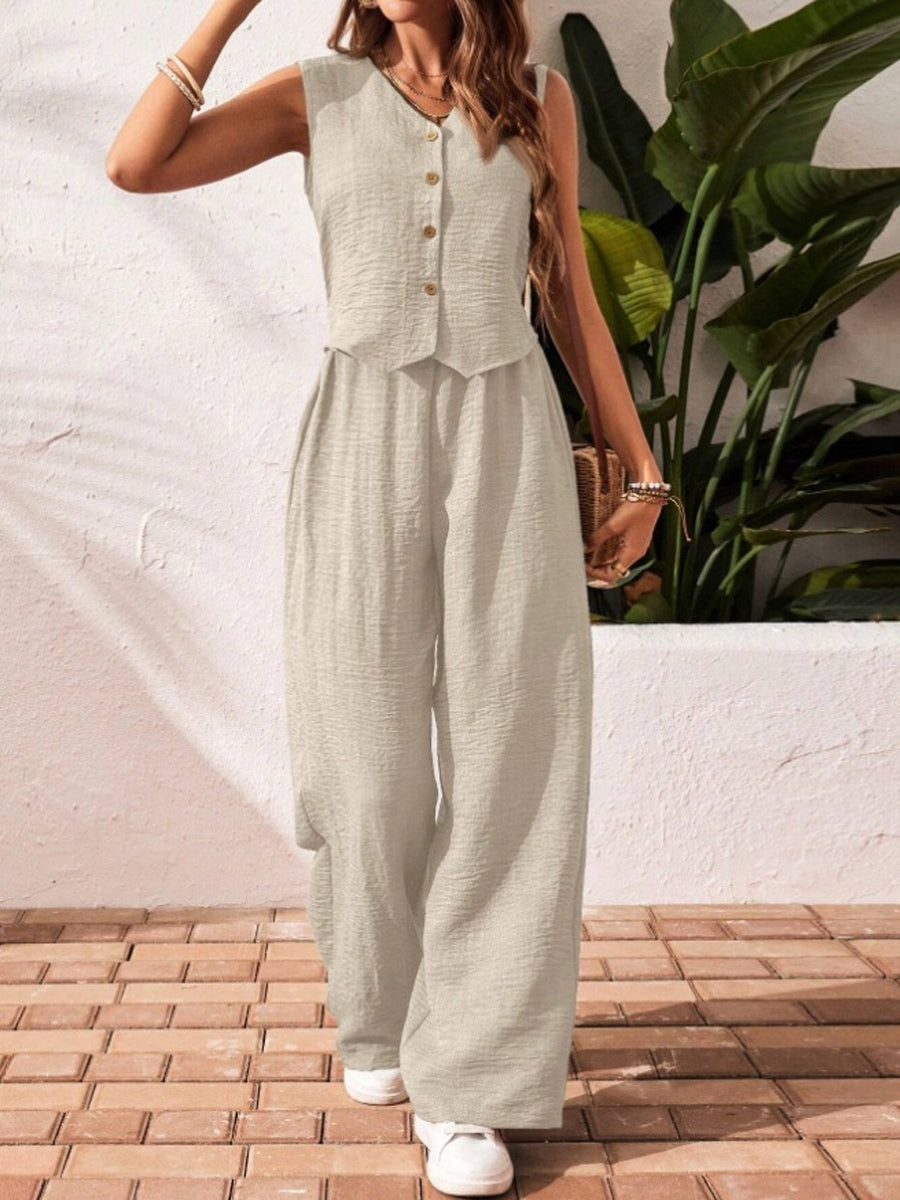Women's Linen V-neck Front Button Vest And Pants Set-retrostrom