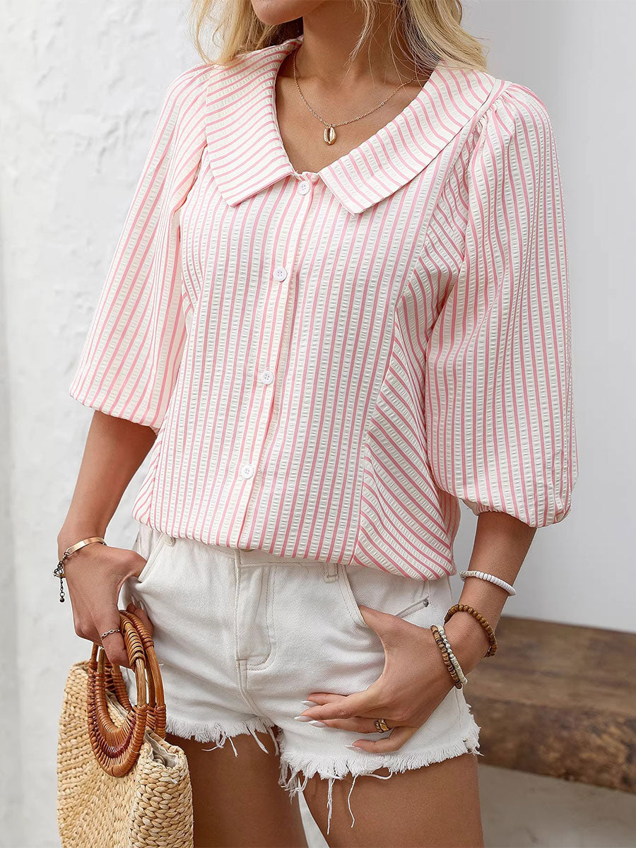 Women's Striped Puff Lapel Sleeve Shirt-retrostrom