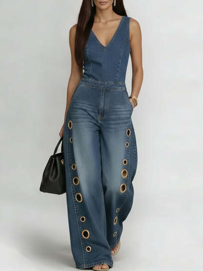 Women's V-neck Sleeveless Casual Loose Denim Wide-leg Jumpsuit-retrostrom
