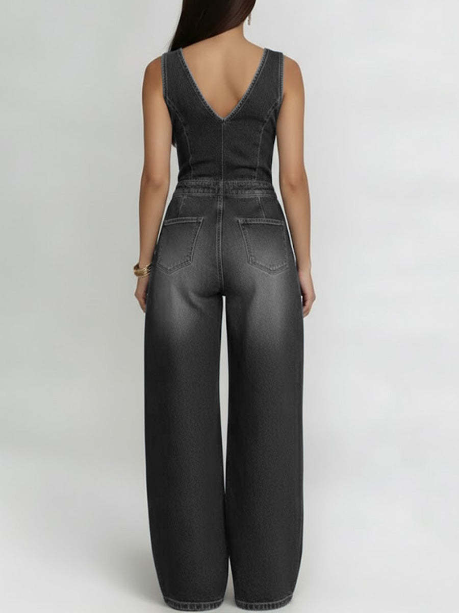 Women's V-neck Sleeveless Casual Loose Denim Wide-leg Jumpsuit-retrostrom