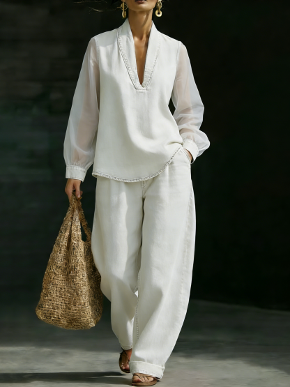 Elegant Stylish Mesh Sleeves Top Denim Two-piece Set-retrostrom
