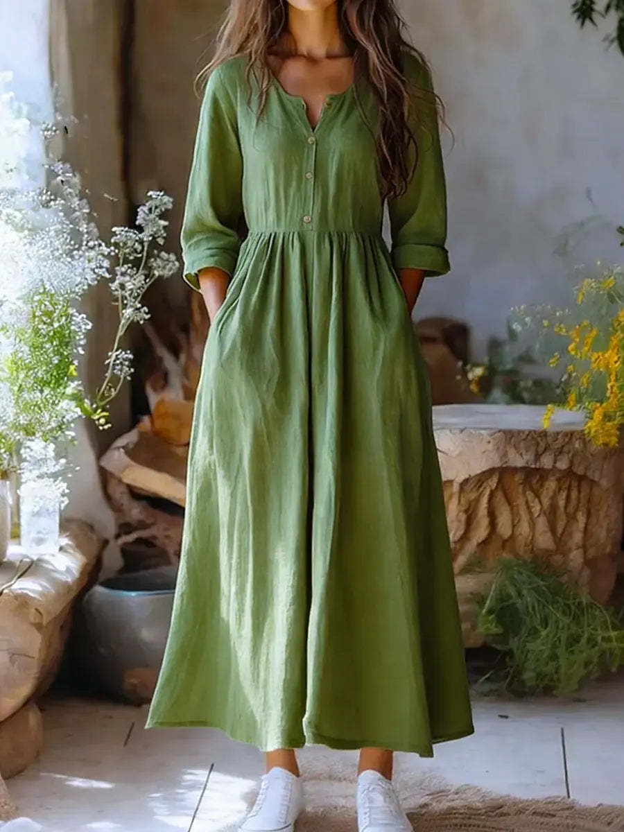 Women's Solid Color Casual Classy Cotton Linen Long Sleeve Dress