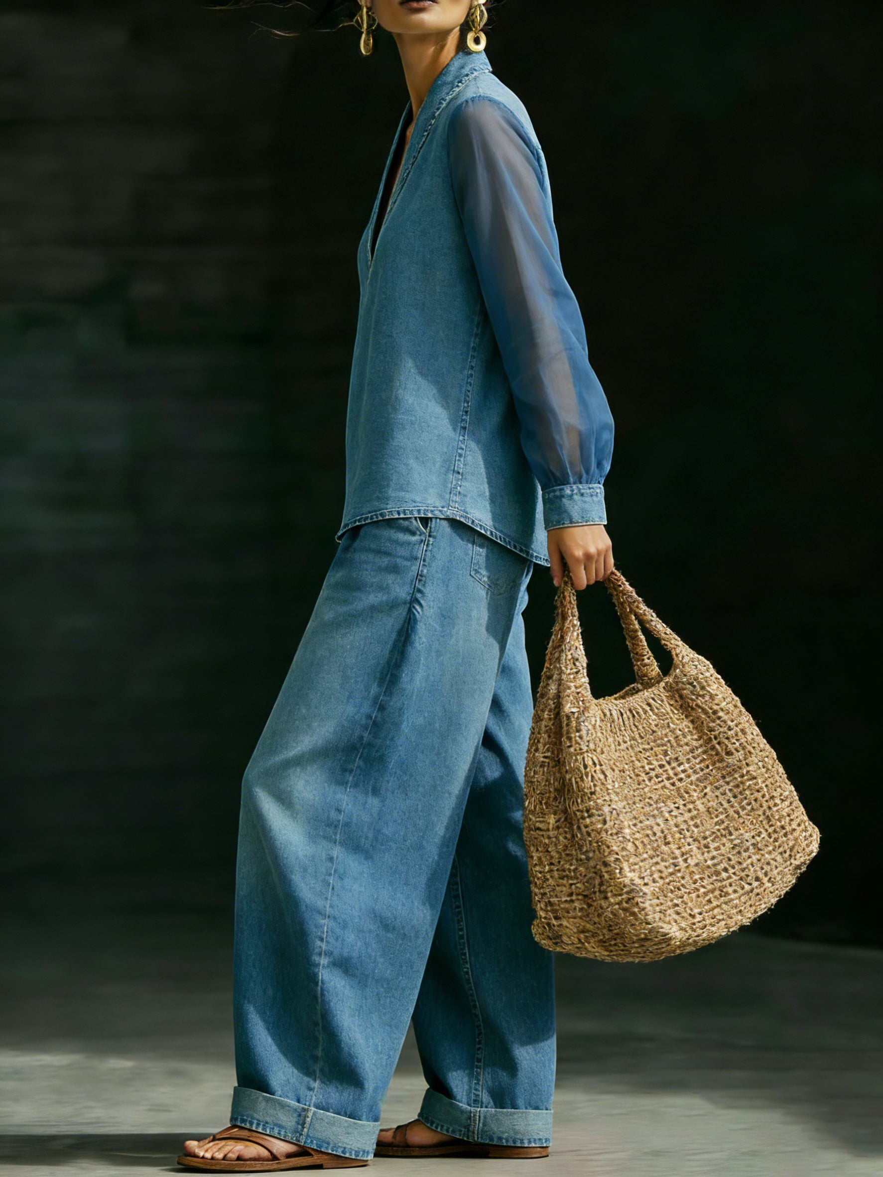 Elegant Stylish Mesh Sleeves Top Denim Two-piece Set-retrostrom