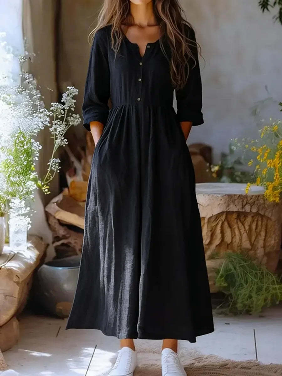 Women's Solid Color Casual Classy Cotton Linen Long Sleeve Dress