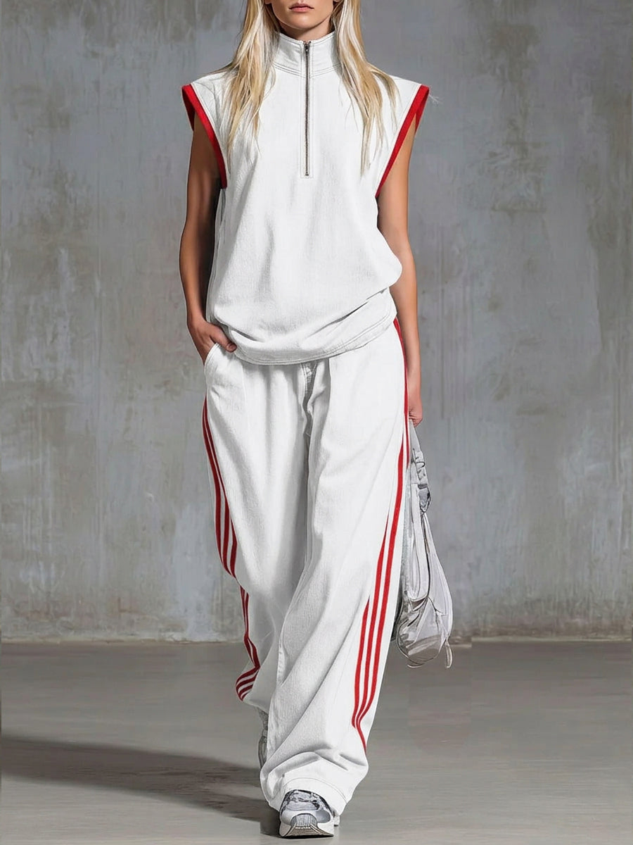Casual Half-zip Sleeveless Denim Top And Pants Two-piece Set-retrostrom