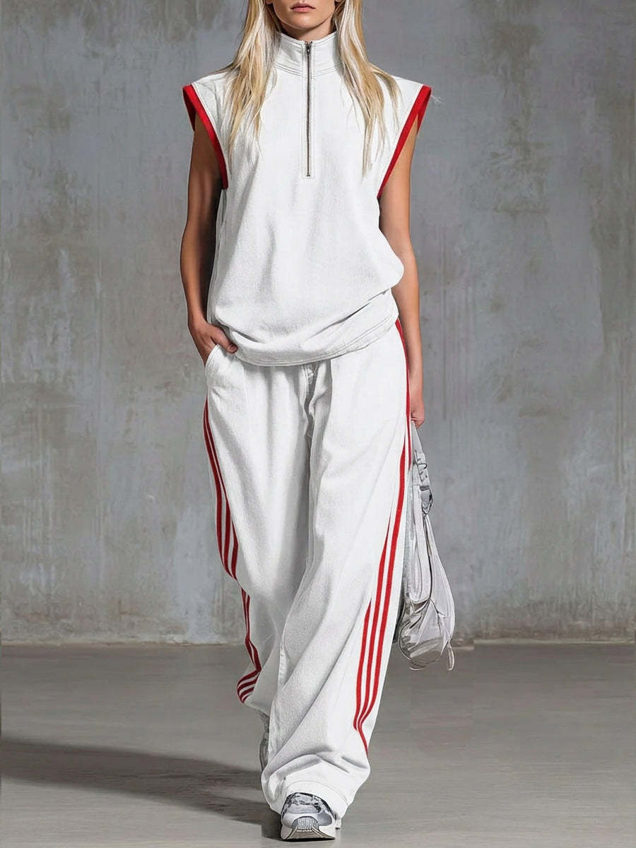 Casual Half-zip Sleeveless Denim Top And Pants Two-piece Set-retrostrom