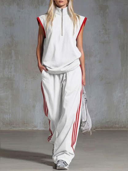 Casual Half-zip Sleeveless Denim Top And Pants Two-piece Set-retrostrom