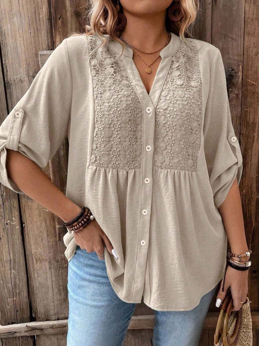 Women's Lace Splice 3/4 Sleeve V-neck Button Shirt Casual Vacation Shirt