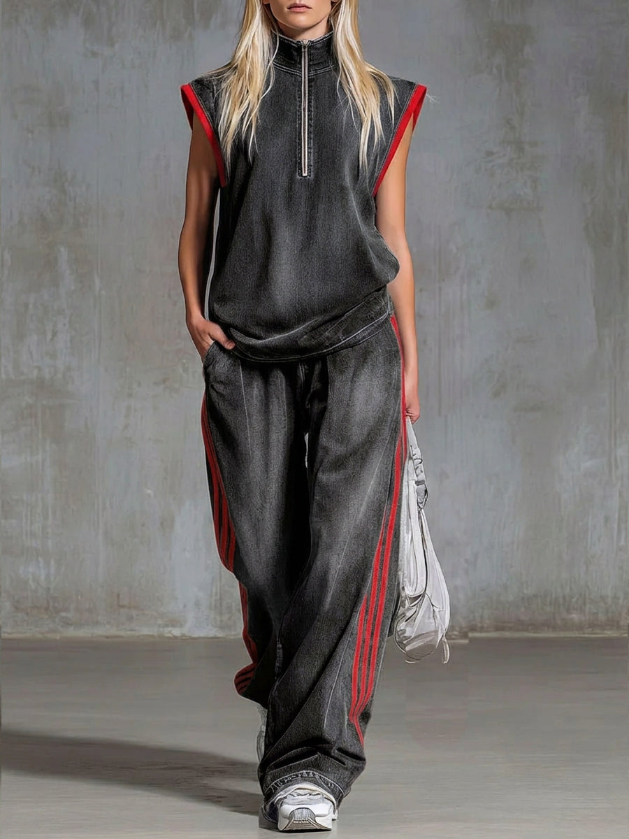 Casual Half-zip Sleeveless Denim Top And Pants Two-piece Set-retrostrom