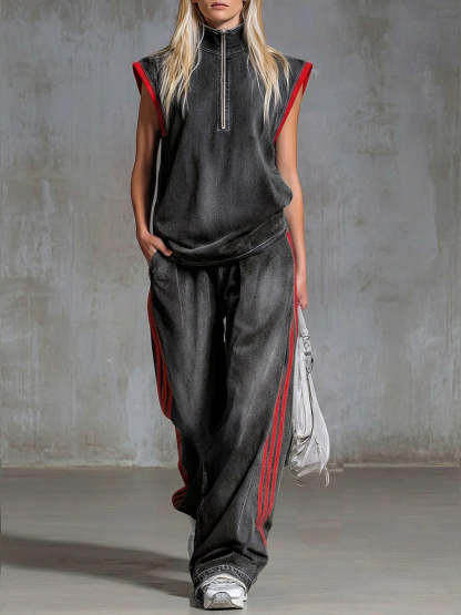 Casual Half-zip Sleeveless Denim Top And Pants Two-piece Set-retrostrom