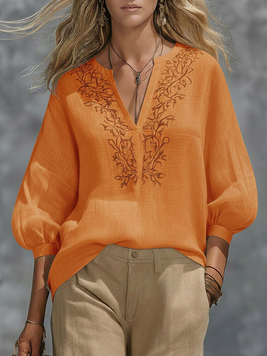 Loose-fitting V-neck Linen And Cotton Shirt-retrostrom