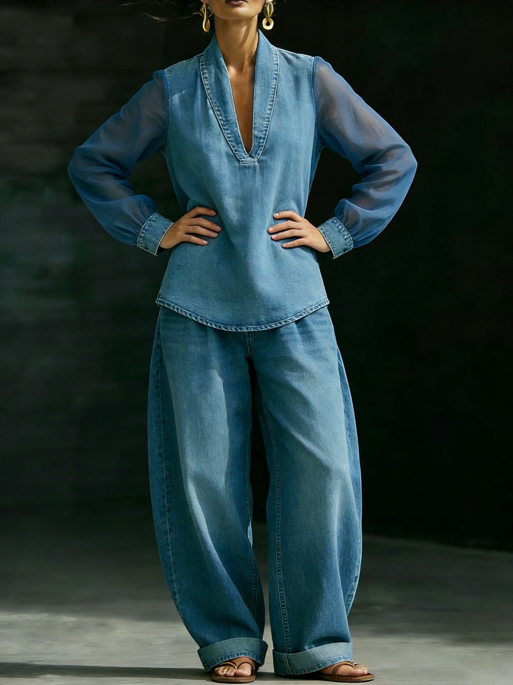 Elegant Stylish Mesh Sleeves Top Denim Two-piece Set-retrostrom