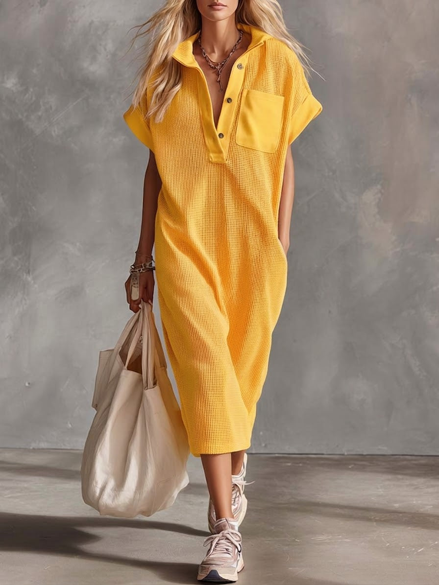 Casual Waffle Short-sleeved Cotton Dress-retrostrom