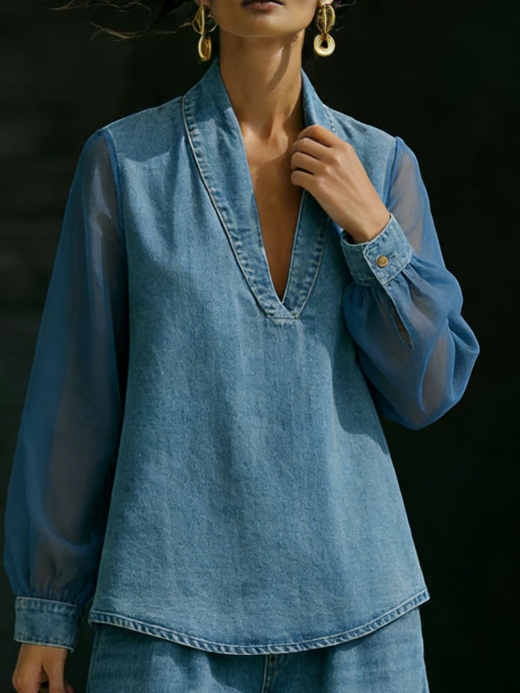 Elegant Stylish Mesh Sleeves Top Denim Two-piece Set-retrostrom