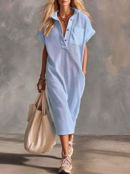 Casual Waffle Short-sleeved Cotton Dress-retrostrom
