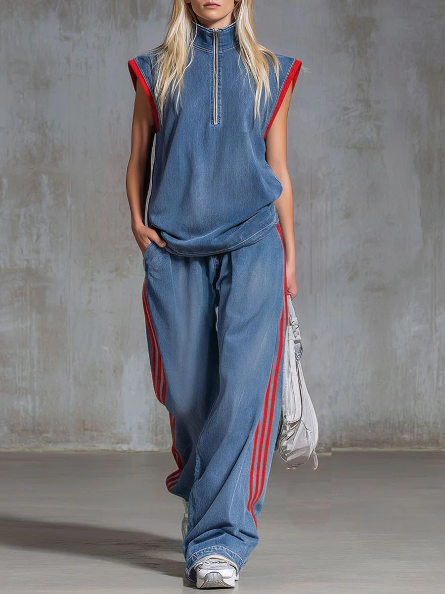 Casual Half-zip Sleeveless Denim Top And Pants Two-piece Set-retrostrom