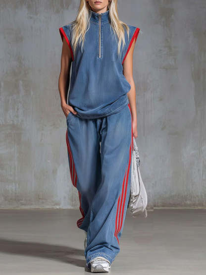 Casual Half-zip Sleeveless Denim Top And Pants Two-piece Set-retrostrom