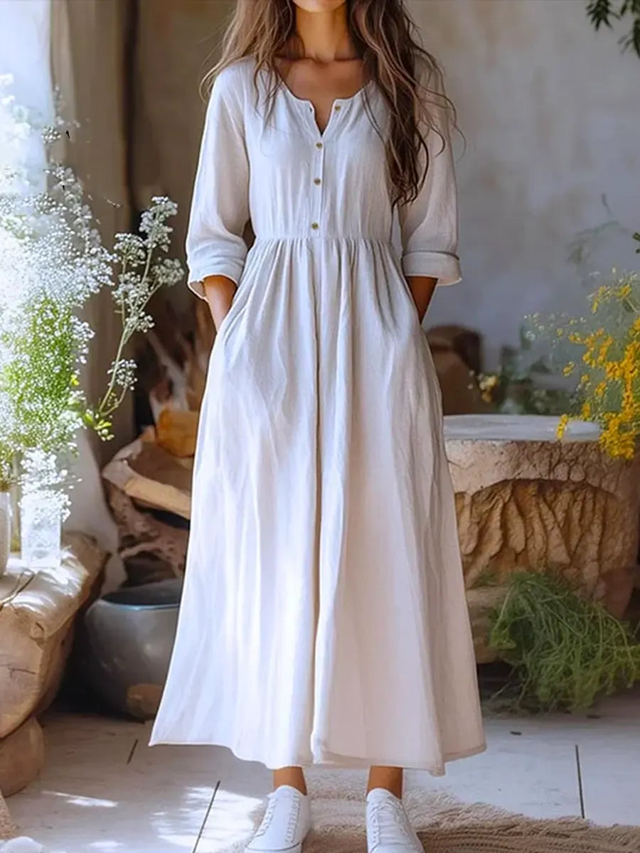 Women's Solid Color Casual Classy Cotton Linen Long Sleeve Dress
