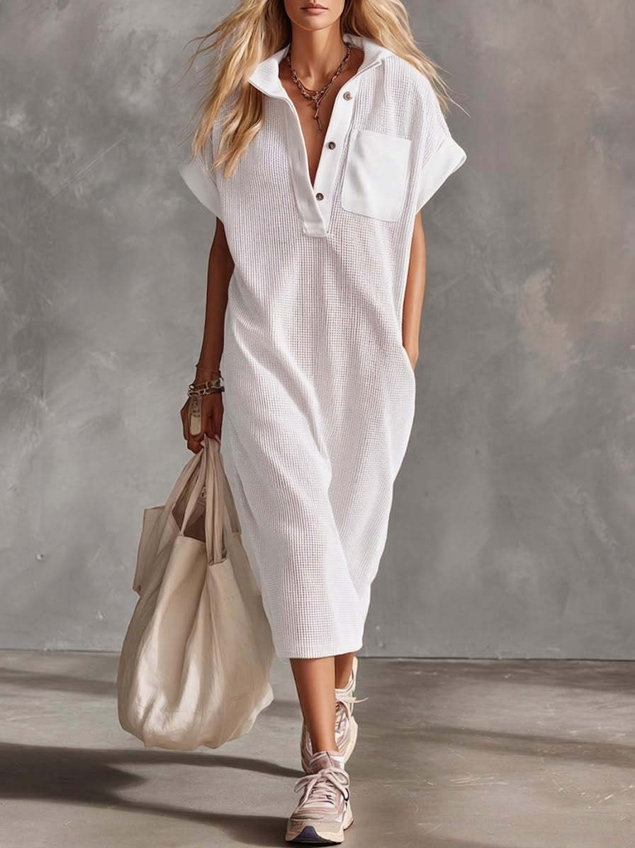 Casual Waffle Short-sleeved Cotton Dress-retrostrom